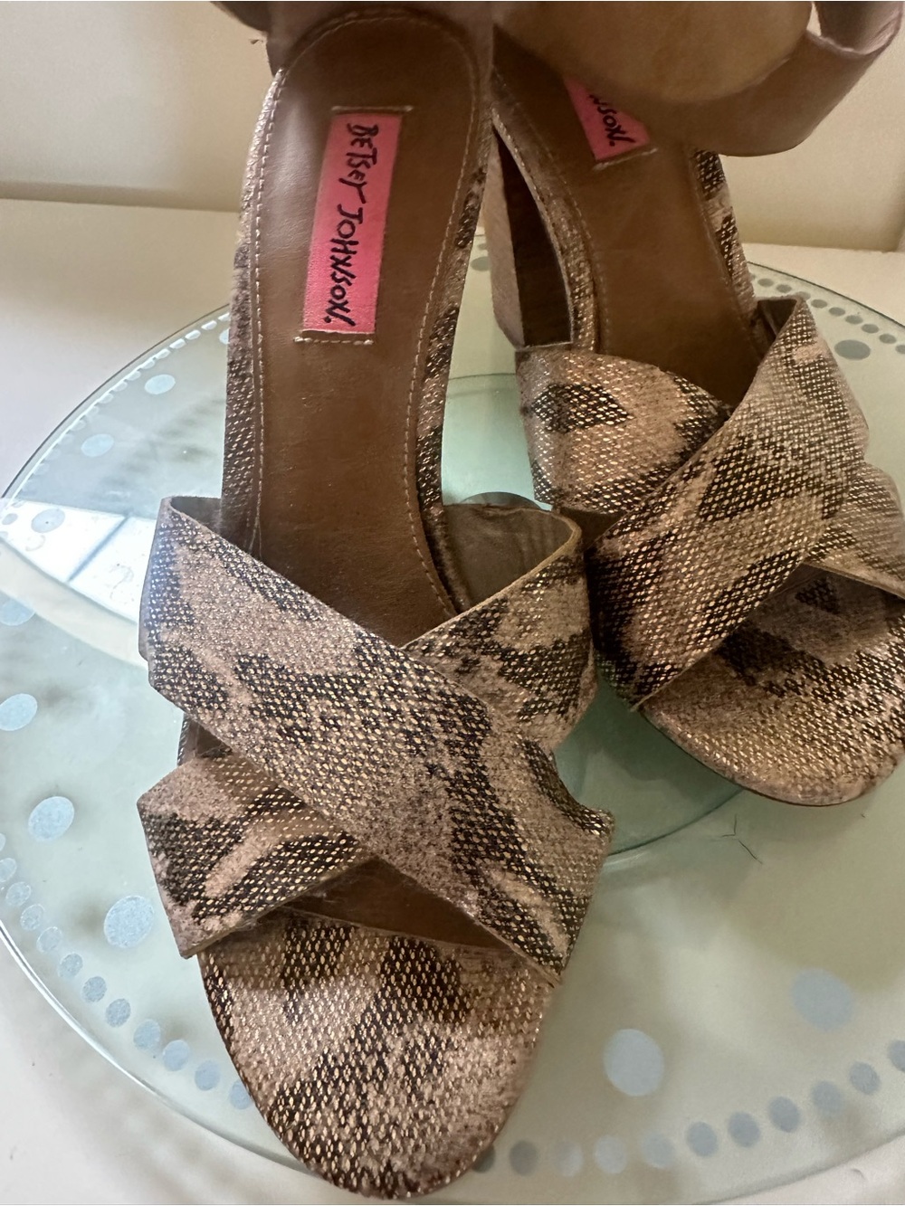 Betsey Johnson 3 inches high, size 7 Taupe Snake-Print Crisscross Heels